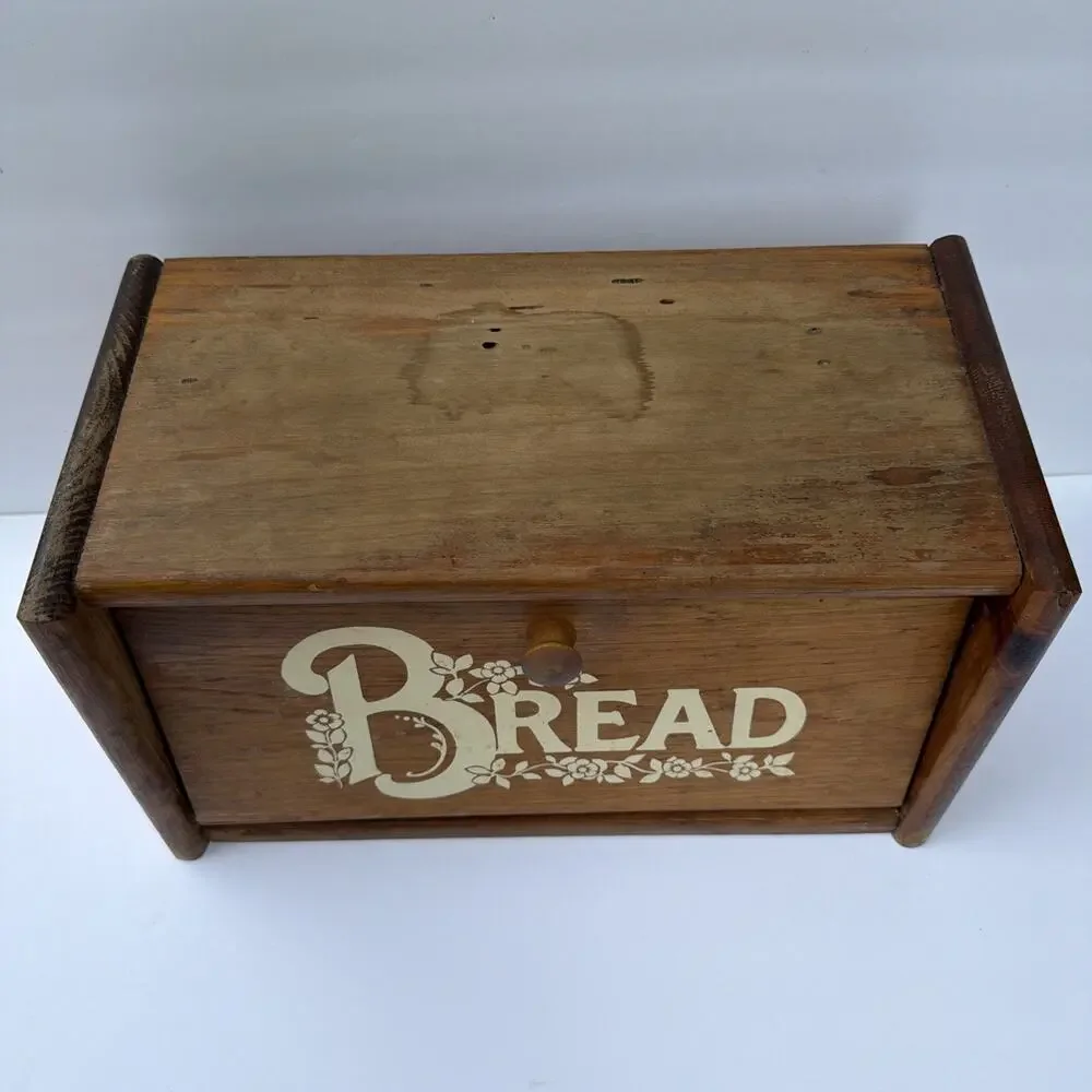 Wooden Bread Box MCM Oak Finish Decorative Bread Letters & Flowers Vintage Gift